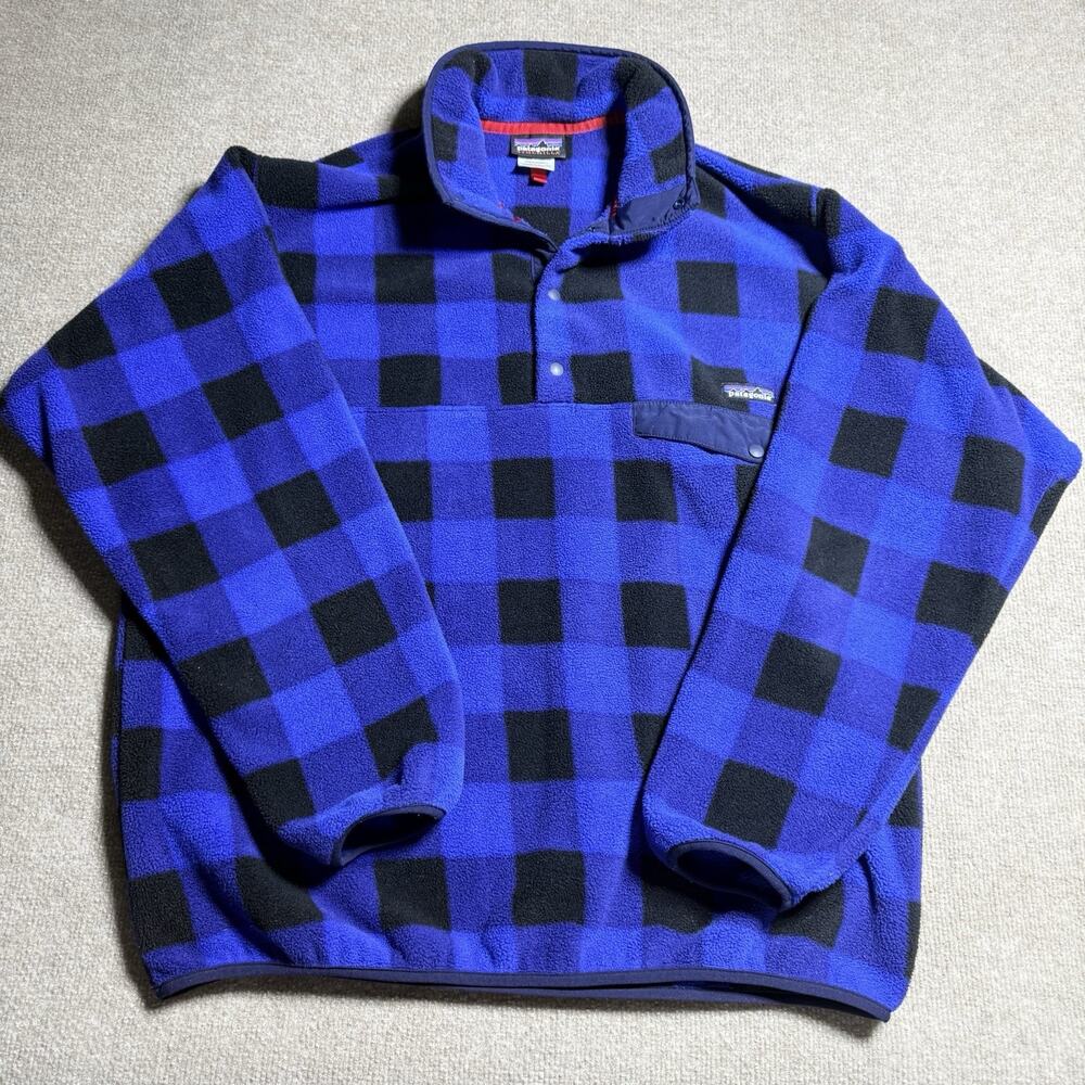 Patagonia Synchilla Snap-T Fleece Pullover Men’s Large Blue Black Buffalo Plaid